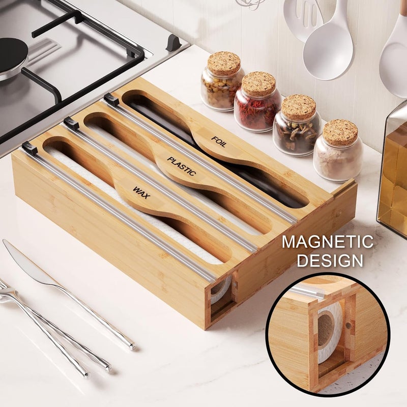Danfoxer Wrap Dispenser with Cutter and Labels, Plastic Wrap Organizer For Kitchen,Bamboo 3-in-1 Wrap Dispensers for Cling Wrap Aluminum Foil and Wax,Storage Organization Holder（Natural） - Image 2